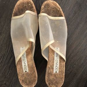 Sheer gold, cork wedges, 3 inch heels